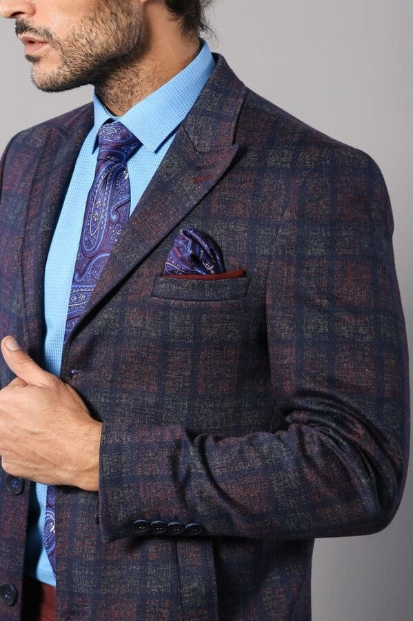 Double-Breasted Plaid Burgundy Men Coat - Wessi