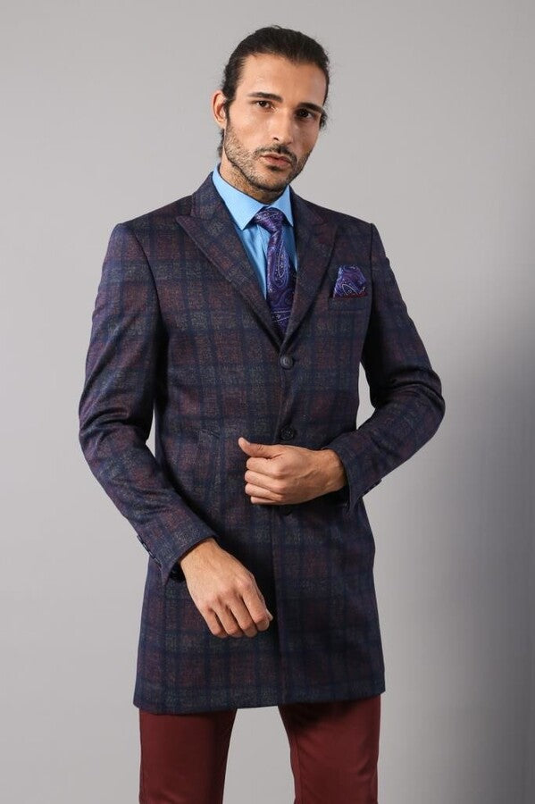 Double-Breasted Plaid Burgundy Men Coat - Wessi