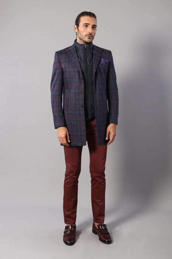 Double-Breasted Plaid Burgundy Men Coat - Wessi