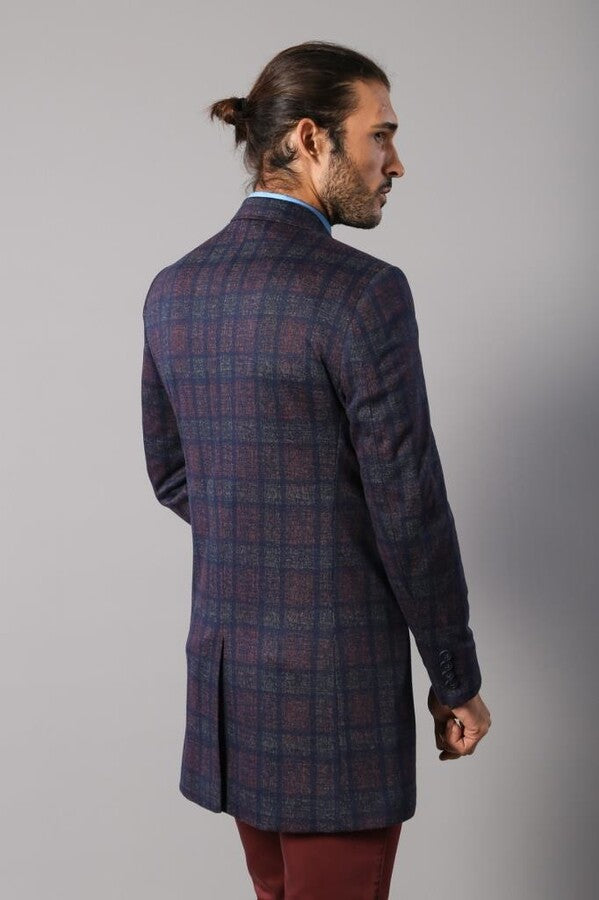 Double-Breasted Plaid Burgundy Men Coat - Wessi