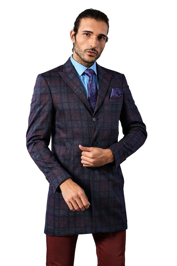 Double-Breasted Plaid Burgundy Men Coat - Wessi