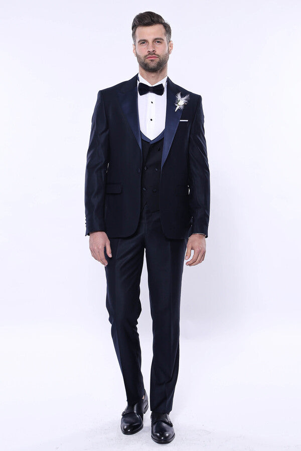 Double Breasted Satin Lapel Navy Blue Men Tuxedo - Wessi