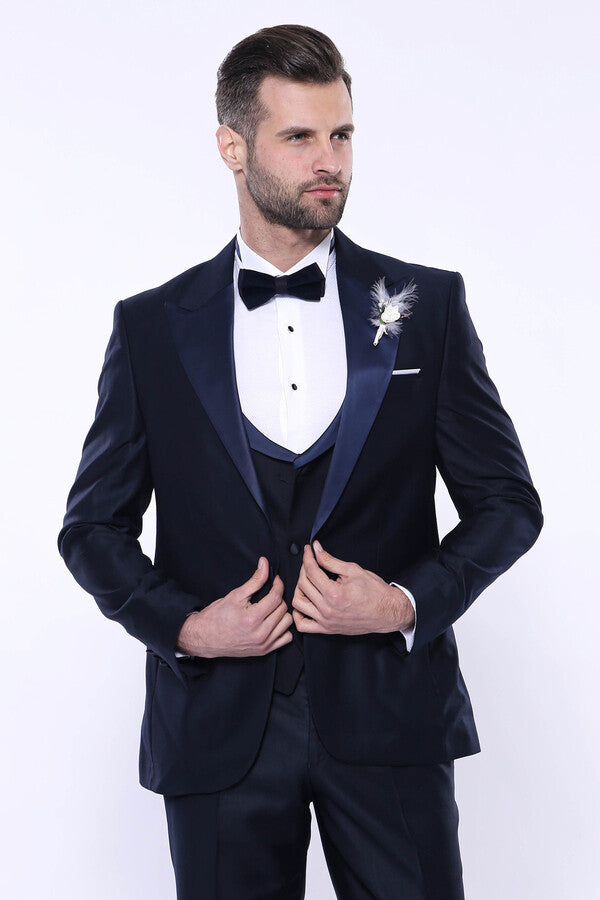 Double Breasted Satin Lapel Navy Blue Men Tuxedo - Wessi