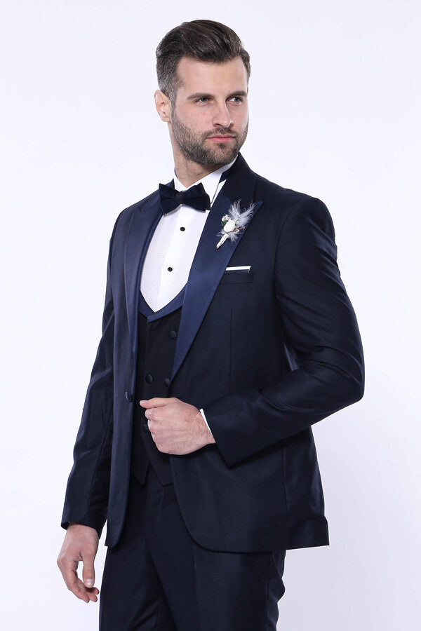 Double Breasted Satin Lapel Navy Blue Men Tuxedo - Wessi