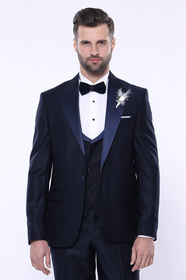 Double Breasted Satin Lapel Navy Blue Men Tuxedo - Wessi