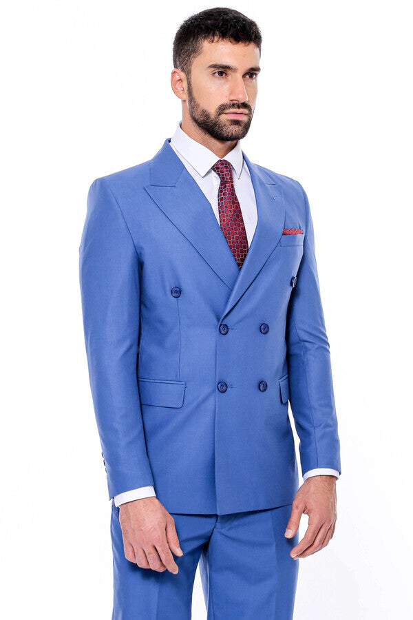 Double Breasted Slim Fit Blue Men Suit - Wessi