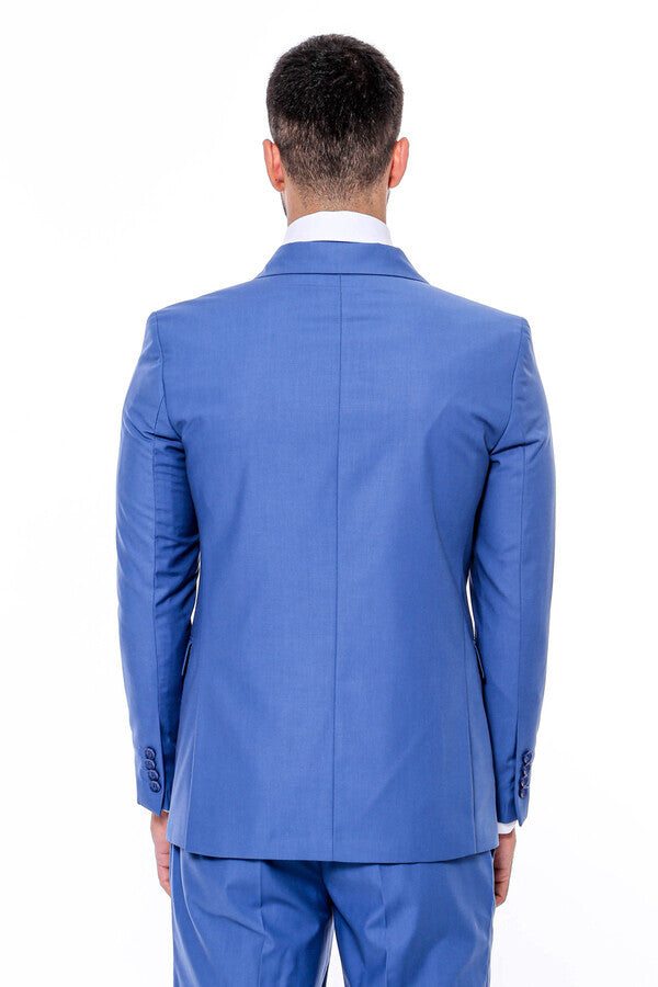 Double Breasted Slim Fit Blue Men Suit - Wessi