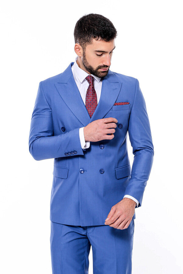 Double Breasted Slim Fit Blue Men Suit - Wessi