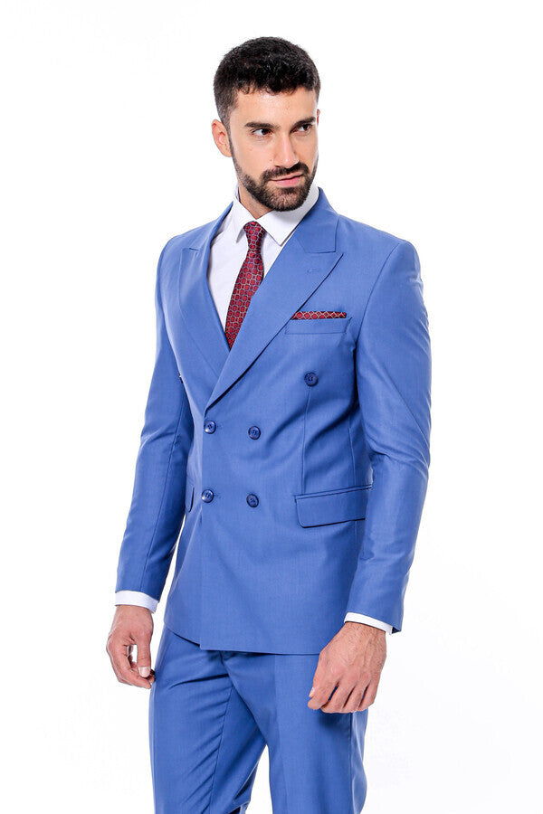 Double Breasted Slim Fit Blue Men Suit - Wessi