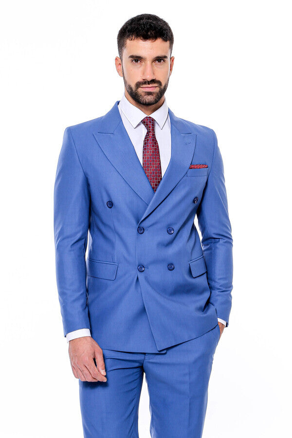 Double Breasted Slim Fit Blue Men Suit - Wessi