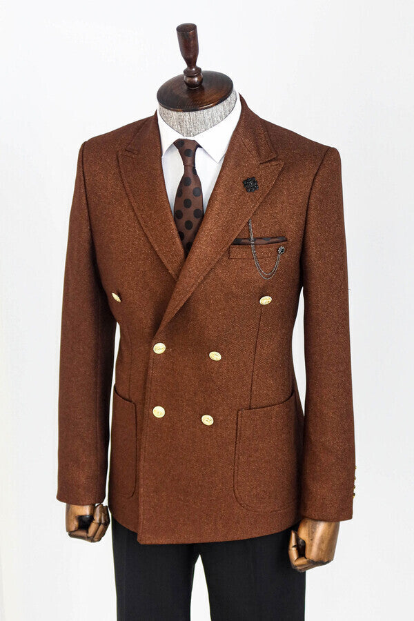 Double Breasted Slim Fit Brown Men Blazer - Wessi