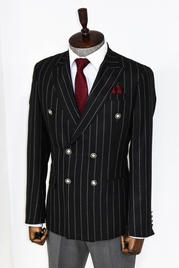 Double Breasted Slim Fit Striped Black Men Blazer - Wessi