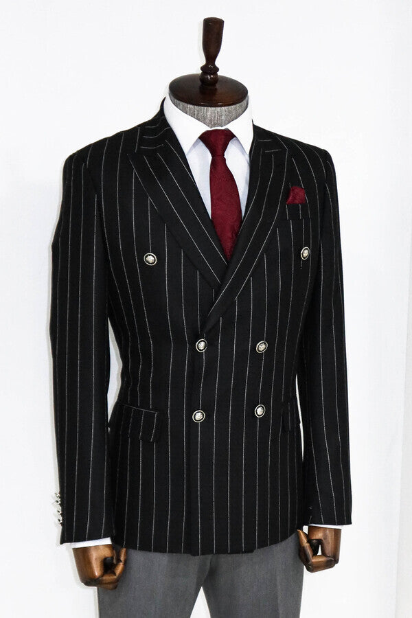 Double Breasted Slim Fit Striped Black Men Blazer - Wessi