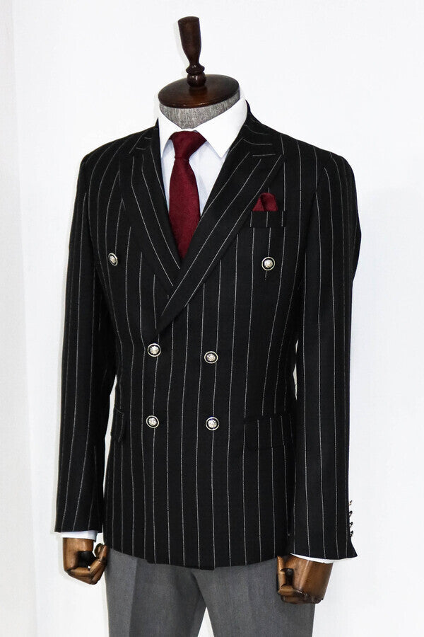 Double Breasted Slim Fit Striped Black Men Blazer - Wessi