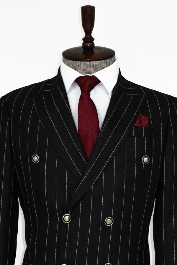 Double Breasted Slim Fit Striped Black Men Blazer - Wessi