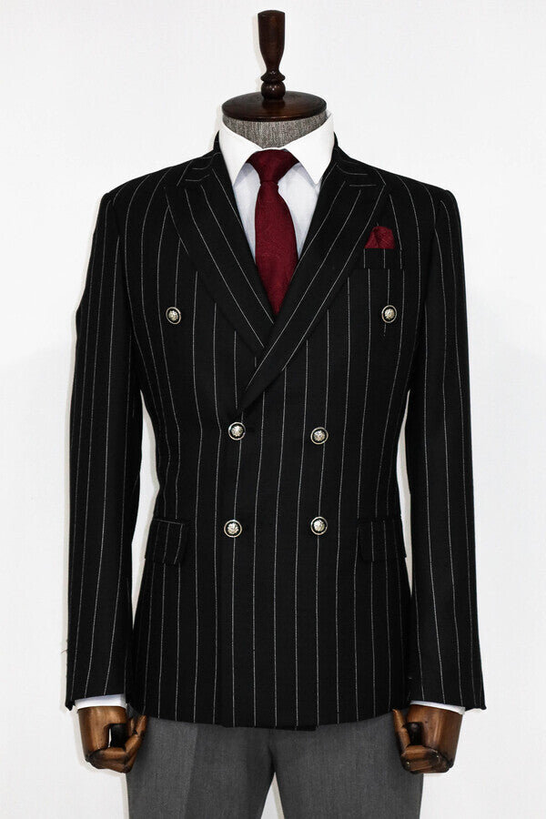 Double Breasted Slim Fit Striped Black Men Blazer - Wessi