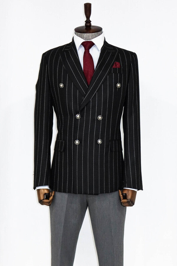 Double Breasted Slim Fit Striped Black Men Blazer - Wessi