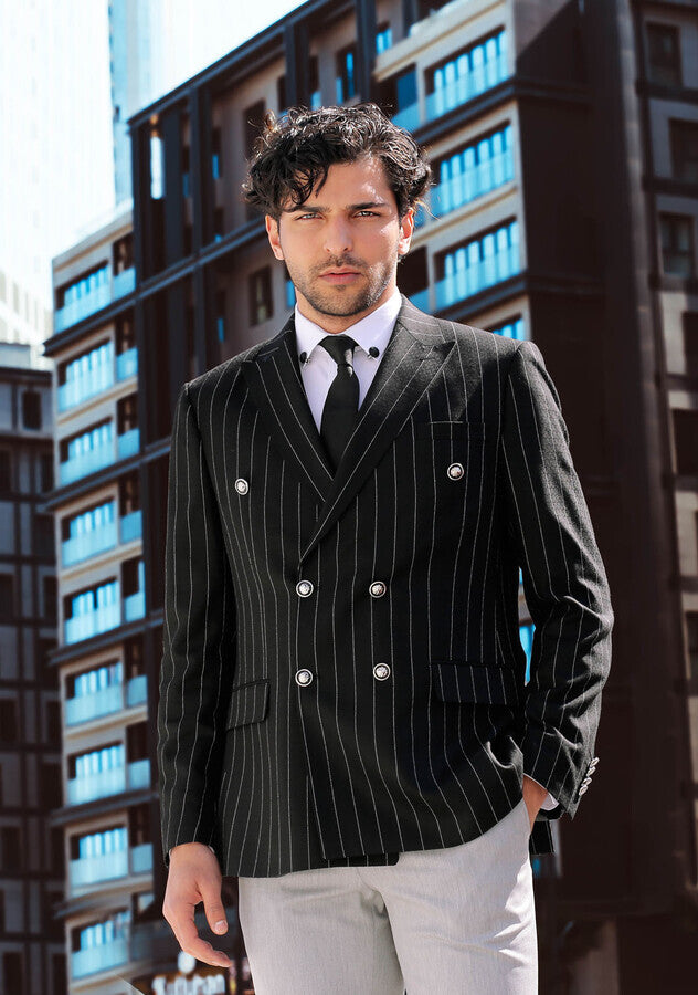 Blazer de rayas negro ajustado con doble botonadura para hombre - Wessi