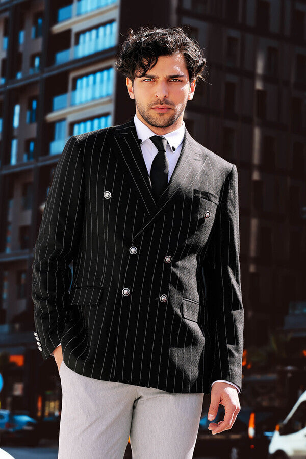 Double Breasted Slim Fit Striped Black Men Blazer - Wessi