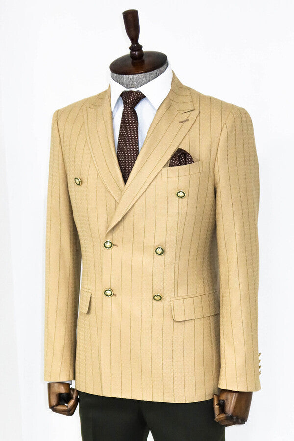 Double Breasted Slim Fit Striped Cream Men Blazer - Wessi