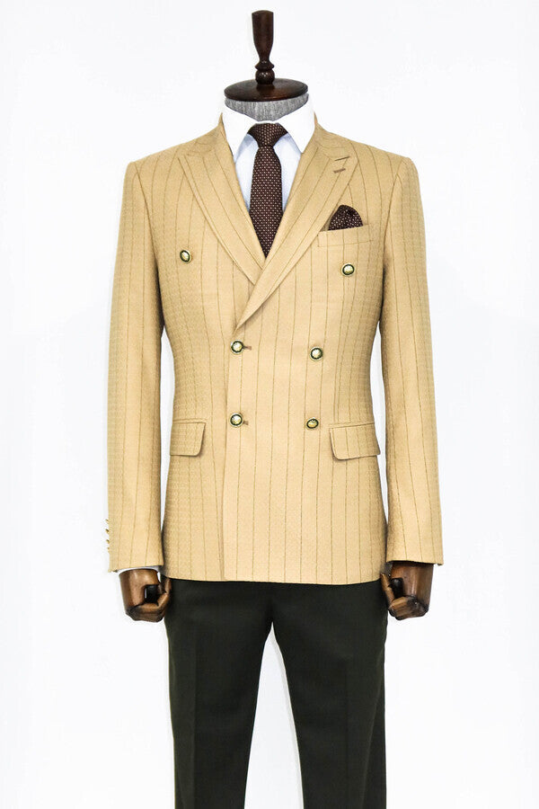 Double Breasted Slim Fit Striped Cream Men Blazer - Wessi