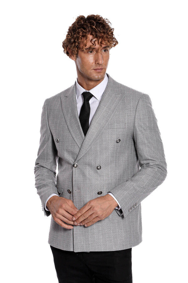 Blazer de rayas gris de corte entallado y cruzado para hombre - Wessi