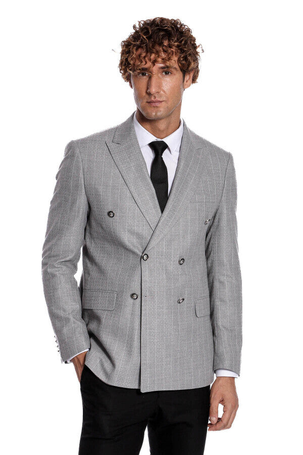 Blazer de rayas gris de corte entallado y cruzado para hombre - Wessi