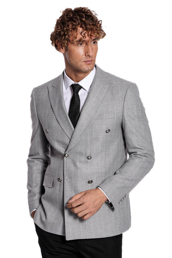 Blazer de rayas gris de corte entallado y cruzado para hombre - Wessi