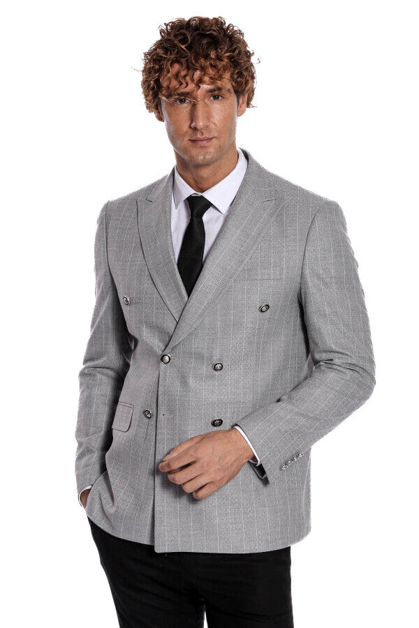 Blazer de rayas gris de corte entallado y cruzado para hombre - Wessi