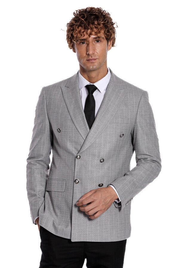 Blazer de rayas gris de corte entallado y cruzado para hombre - Wessi