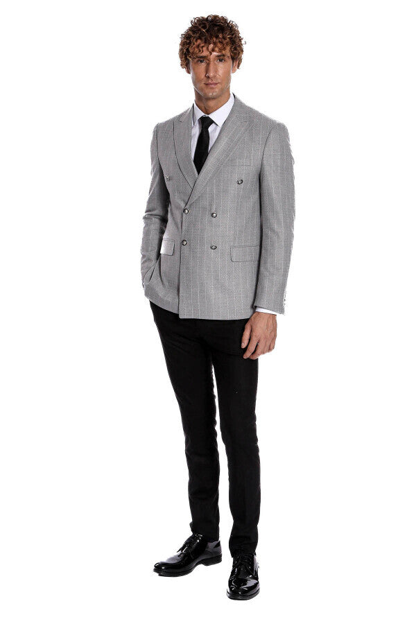 Blazer de rayas gris de corte entallado y cruzado para hombre - Wessi