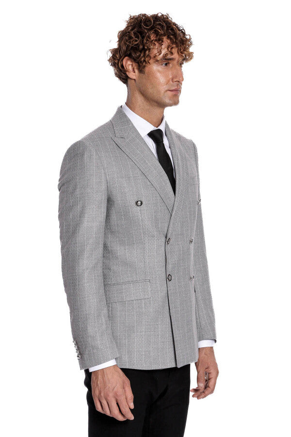 Double Breasted Slim Fit Striped Grey Men Blazer - Wessi