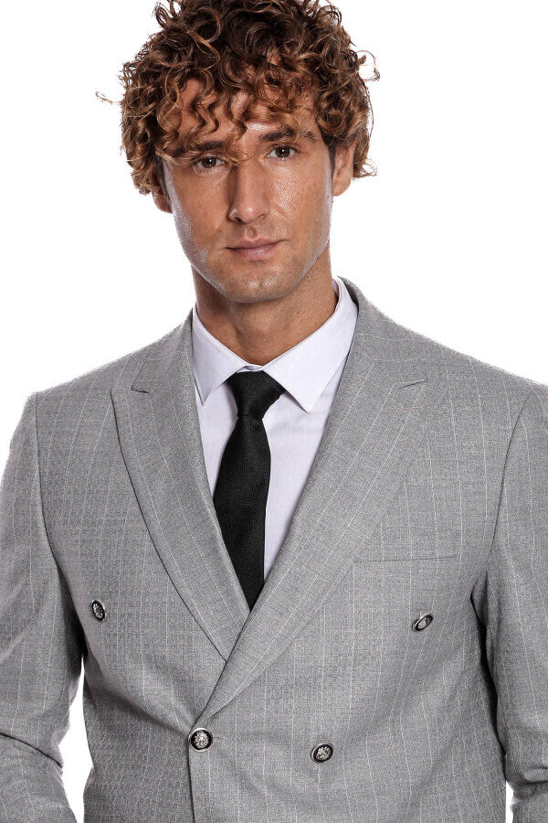 Blazer de rayas gris de corte entallado y cruzado para hombre - Wessi