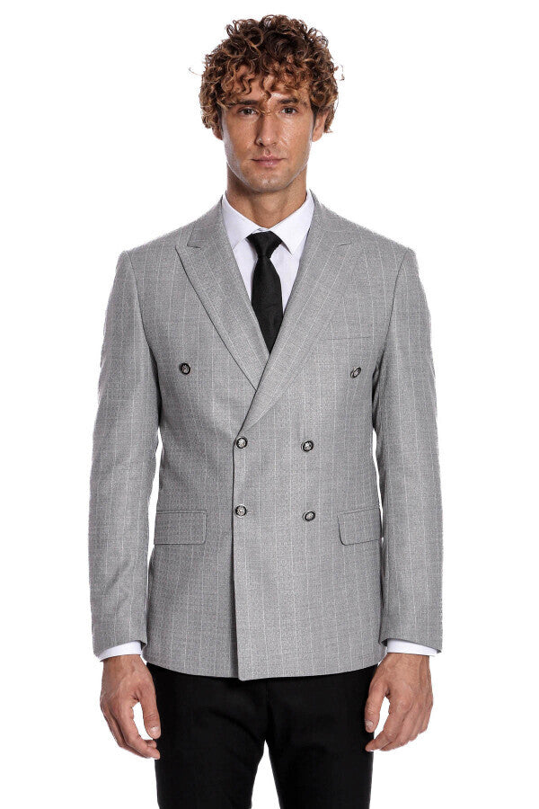 Blazer de rayas gris de corte entallado y cruzado para hombre - Wessi