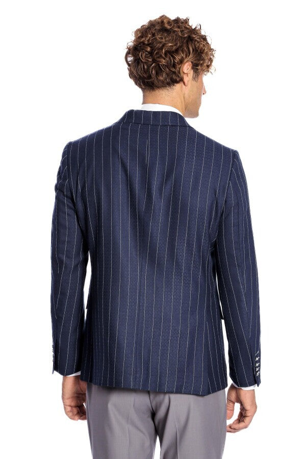 Blazer azul marino de rayas de corte entallado y cruzado para hombre - Wessi