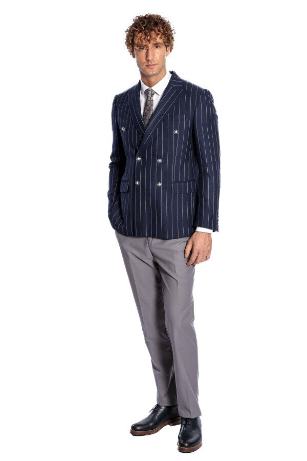 Blazer azul marino de rayas de corte entallado y cruzado para hombre - Wessi