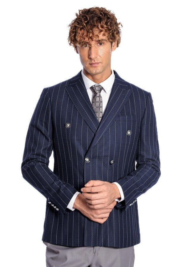 Blazer azul marino de rayas de corte entallado y cruzado para hombre - Wessi