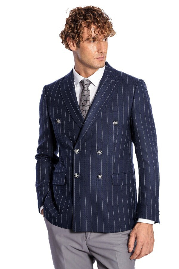 Blazer azul marino de rayas de corte entallado y cruzado para hombre - Wessi