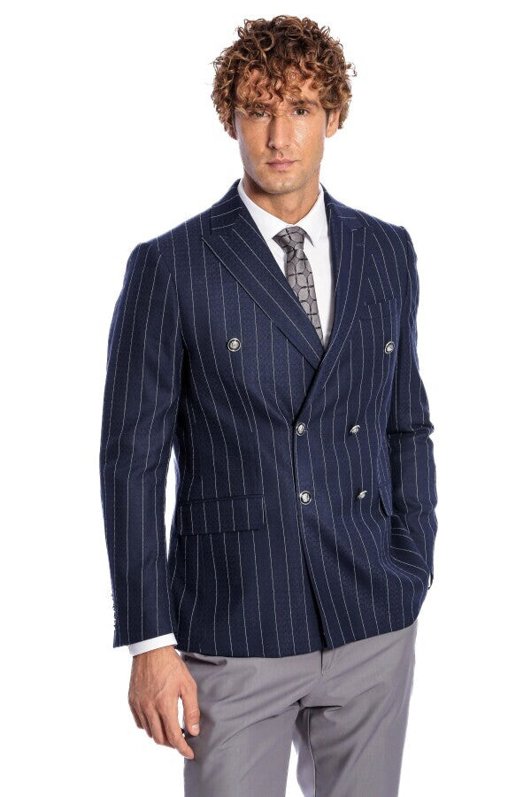 Blazer azul marino de rayas de corte entallado y cruzado para hombre - Wessi