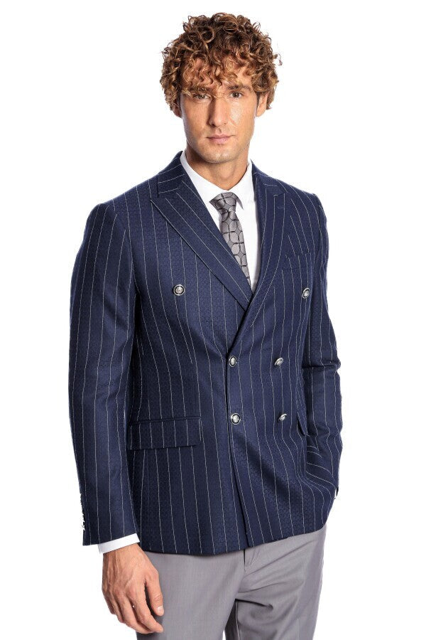 Blazer azul marino de rayas de corte entallado y cruzado para hombre - Wessi