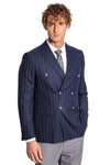 Double Breasted Slim Fit Striped Navy Blue Men Blazer - Wessi