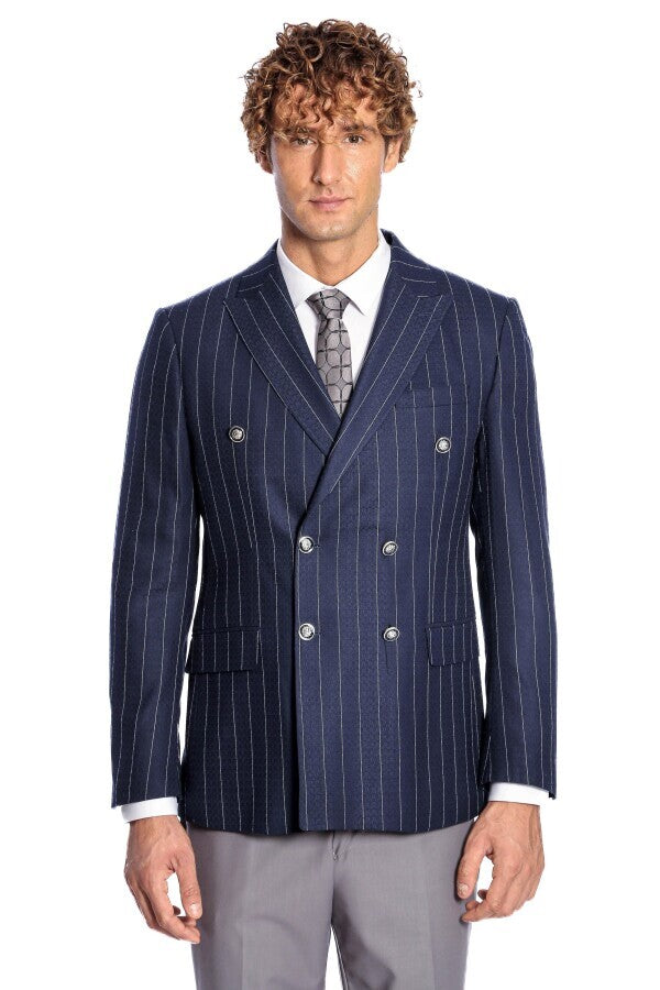 Double Breasted Slim Fit Striped Navy Blue Men Blazer - Wessi