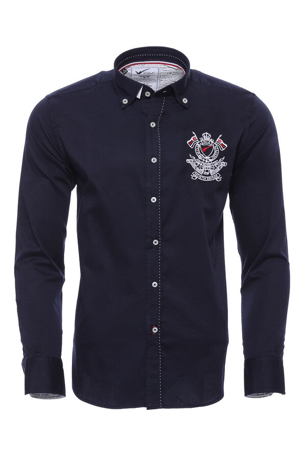 Emblemed Long Sleeve Navy Blue Shirt - Wessi