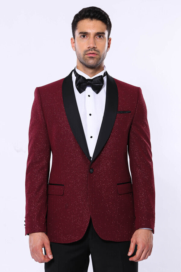 Chaqueta de esmoquin con solapa chal color burdeos y brillantes para hombre - Wessi