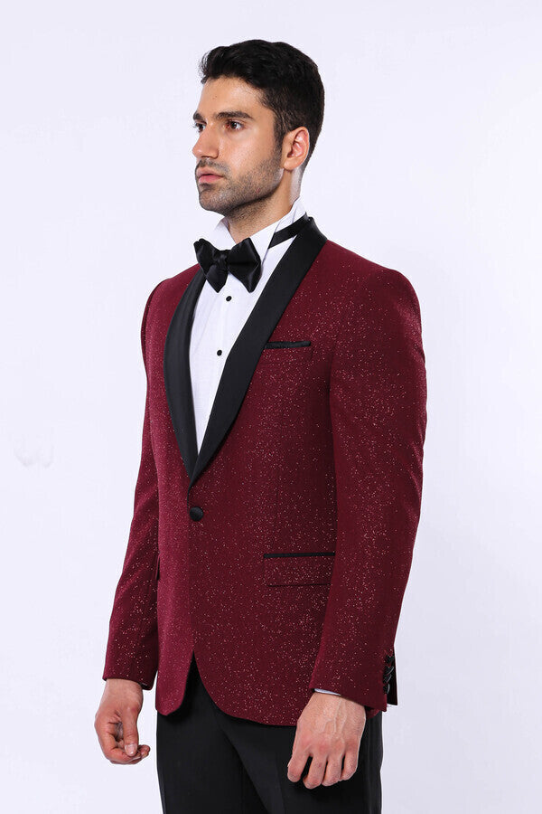 Chaqueta de esmoquin con solapa chal color burdeos y brillantes para hombre - Wessi