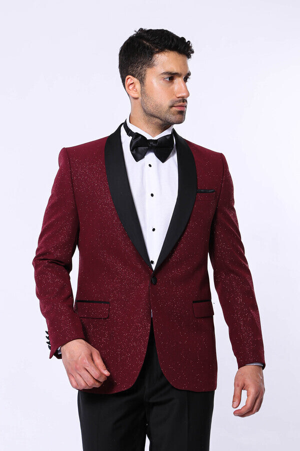 Chaqueta de esmoquin con solapa chal color burdeos y brillantes para hombre - Wessi