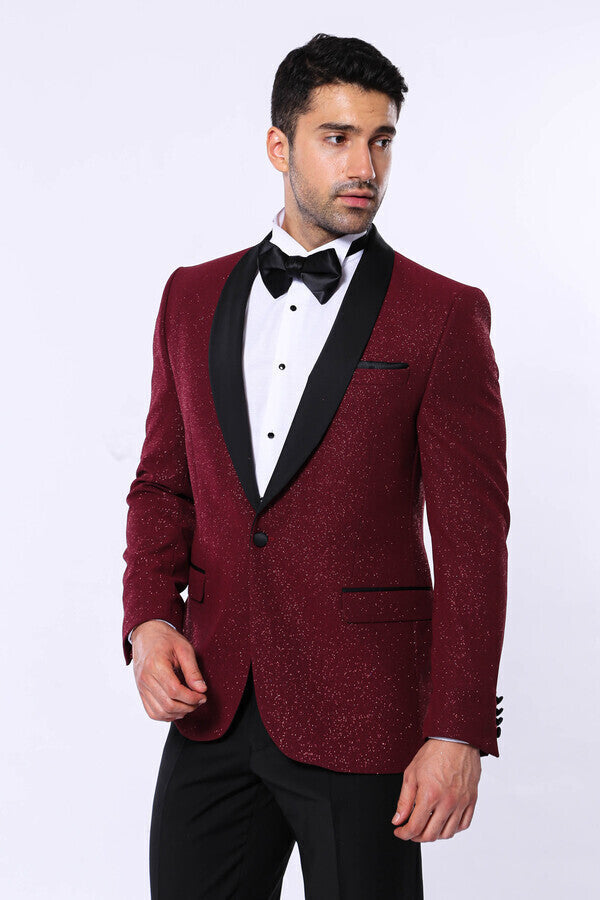 Chaqueta de esmoquin con solapa chal color burdeos y brillantes para hombre - Wessi