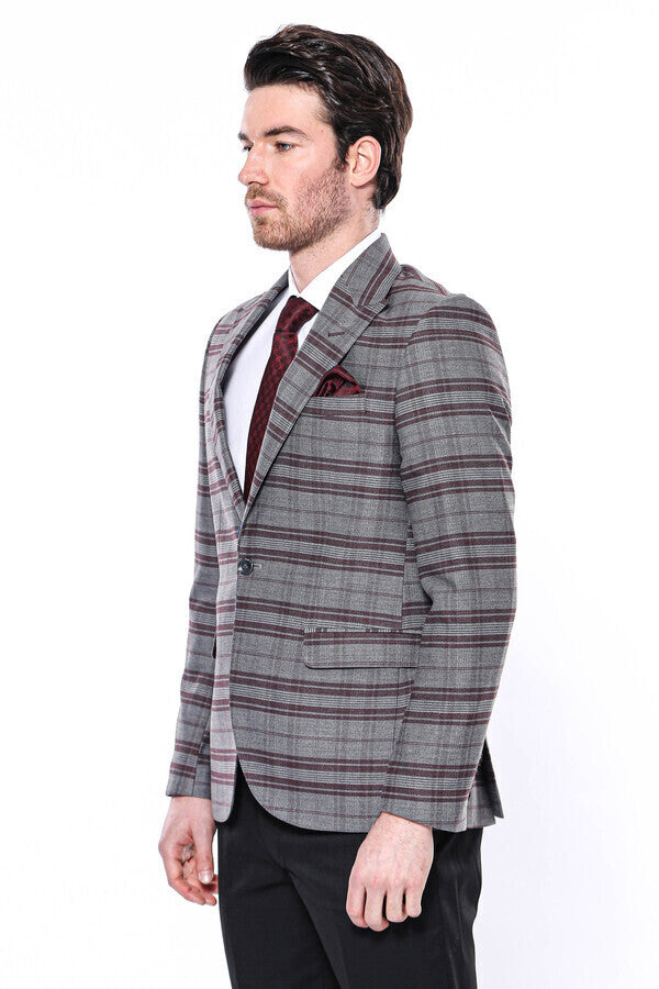 Slim-Fit Checked Burgundy Men Blazer - Wessi