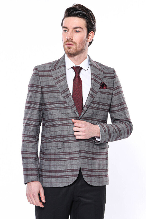 Slim-Fit Checked Burgundy Men Blazer - Wessi