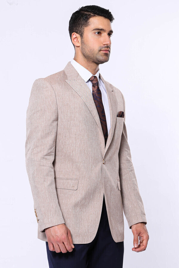 Striped Peak Lapel Cream Sport Jacket - Wessi